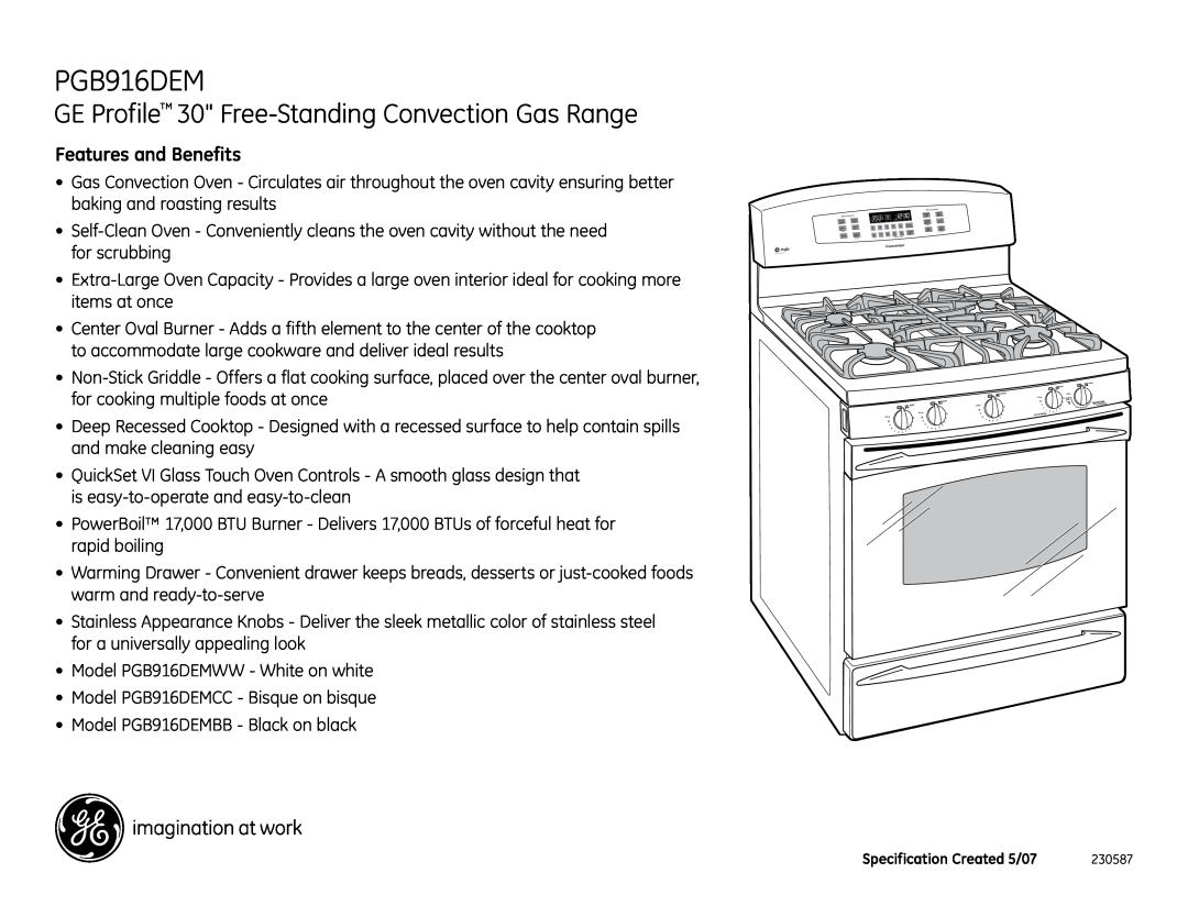 GE PGB916DEM dimensions GE Profile 30 Free-Standing Convection Gas Range, Features and Benefits 