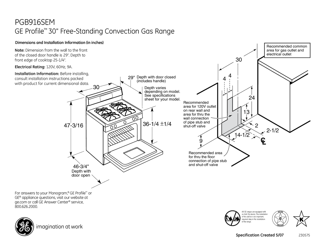 GE PGB916SEMSS dimensions GE Profile 30 Free-Standing Convection Gas Range, 47-3/16, 36-1/4 ±1/4, 14-1/2 