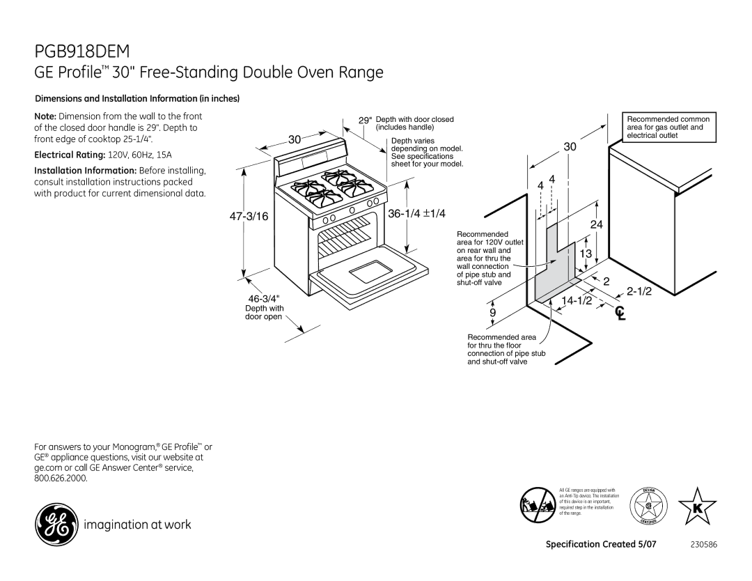 GE PGB918DEMBB dimensions GE Profile 30 Free-Standing Double Oven Range, 36-1/4 ±1/4, 14-1/2 