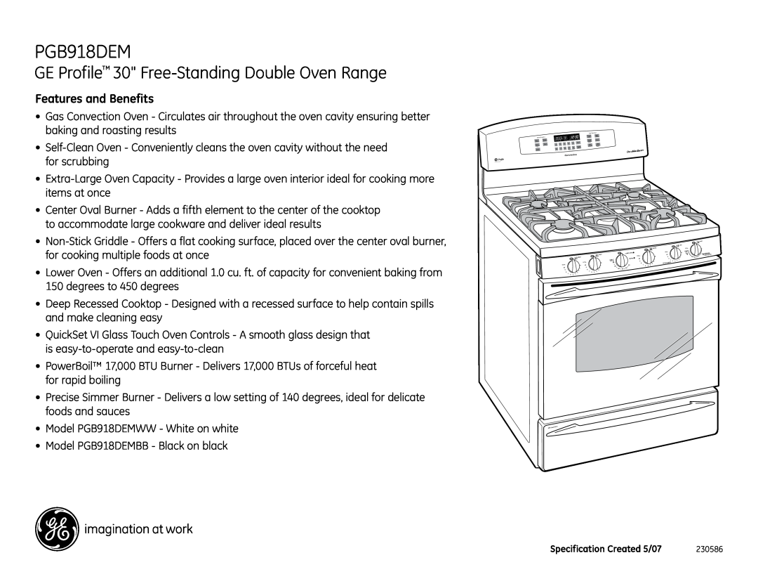 GE PGB918DEMBB dimensions GE Profile 30 Free-Standing Double Oven Range, Features and Benefits 