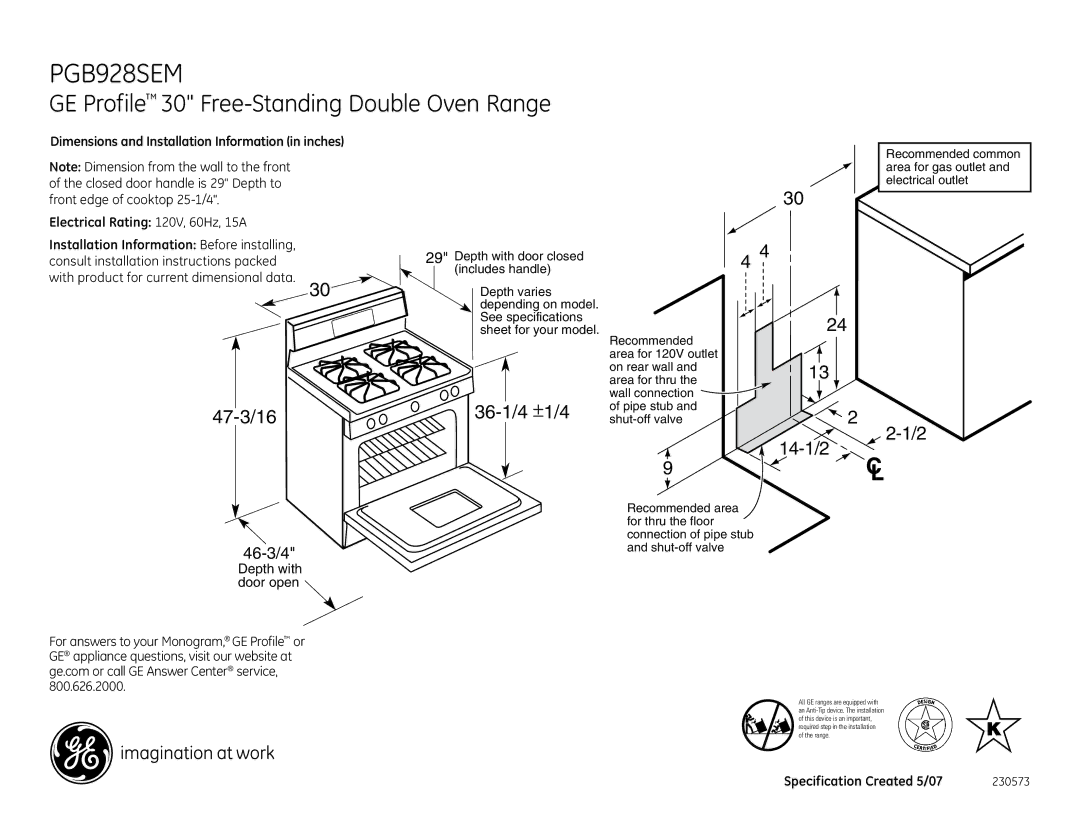 GE PGB928SEMSS dimensions GE Profile 30 Free-Standing Double Oven Range, 47-3/16, 36-1/4 ±1/4, 14-1/2 