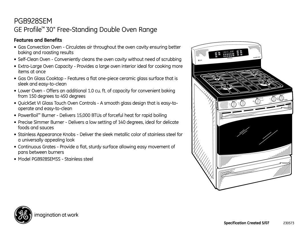 GE PGB928SEMSS dimensions GE Profile 30 Free-StandingDouble Oven Range, Features and Benefits 