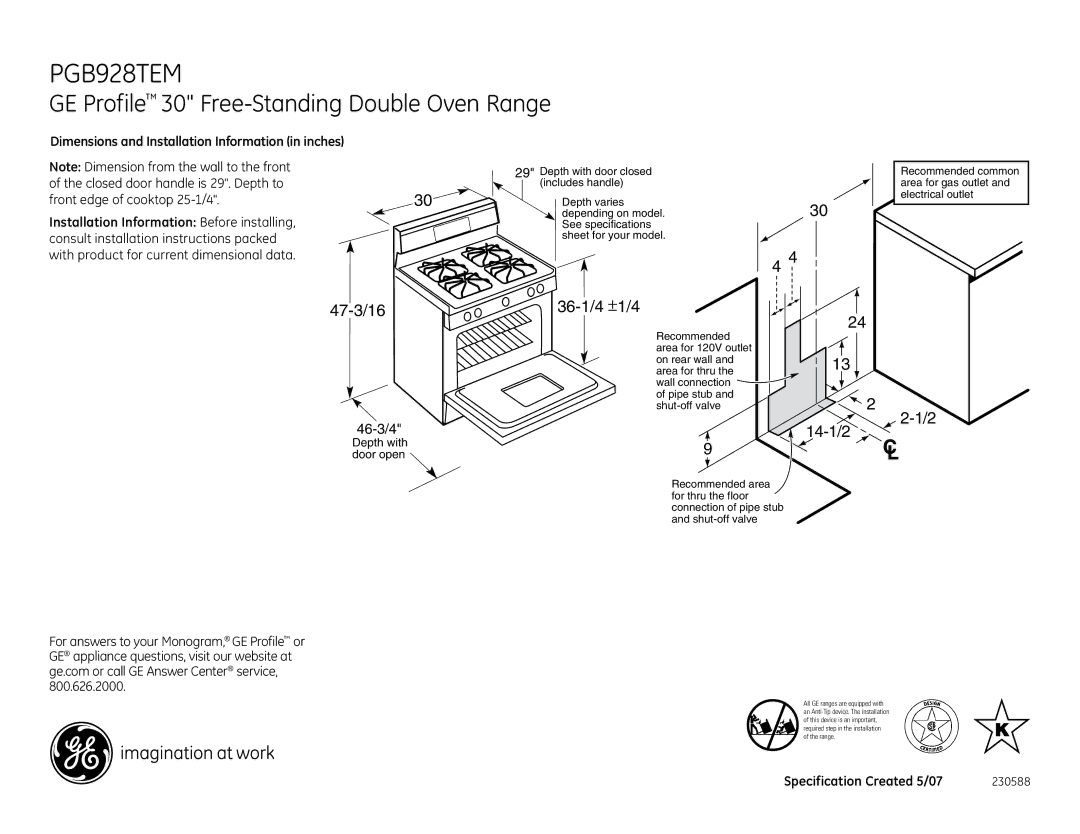 GE PGB928TEMWW dimensions GE Profile 30 Free-Standing Double Oven Range, 36-1/4 ±1/4, 14-1/2 