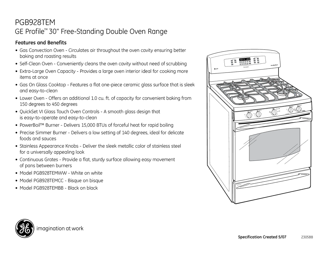 GE PGB928TEMWW dimensions Features and Benefits, Oveven DoubleDouble, Convection 