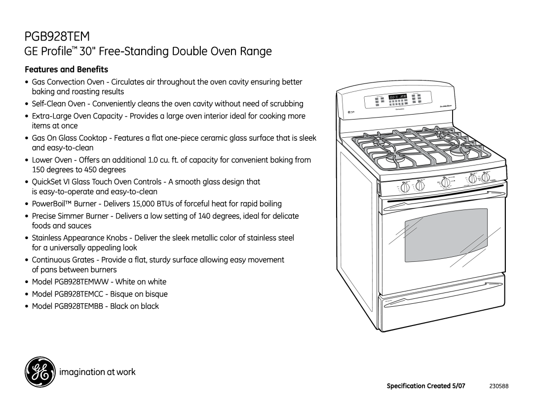 GE PGB928TEMWW dimensions GE Profile 30 Free-StandingDouble Oven Range, Features and Benefits 