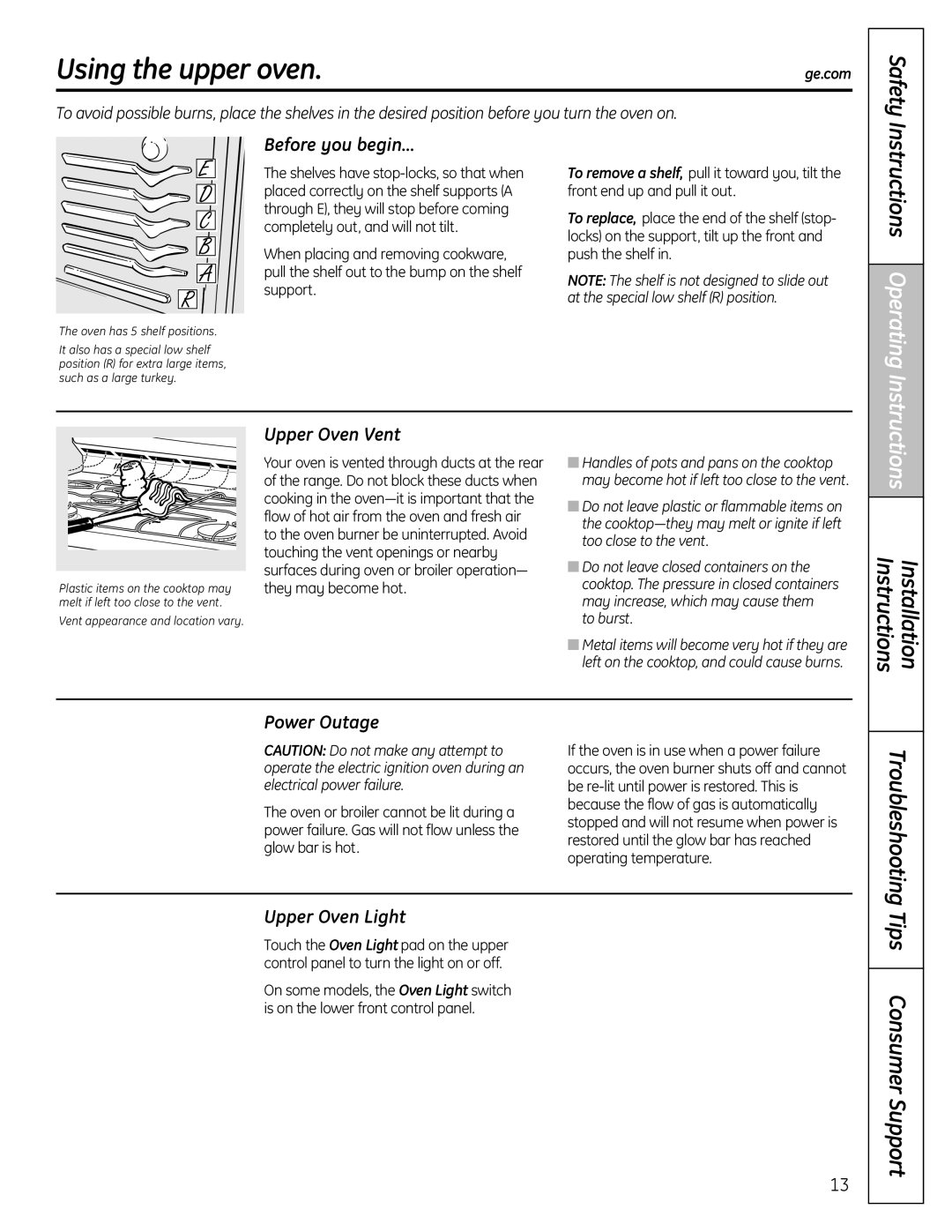 GE PGB900, PGB975, PGB918, PGB910, PGB908, PGB916, JGBP89, JGBP92 Using the upper oven, Instructions Operating 