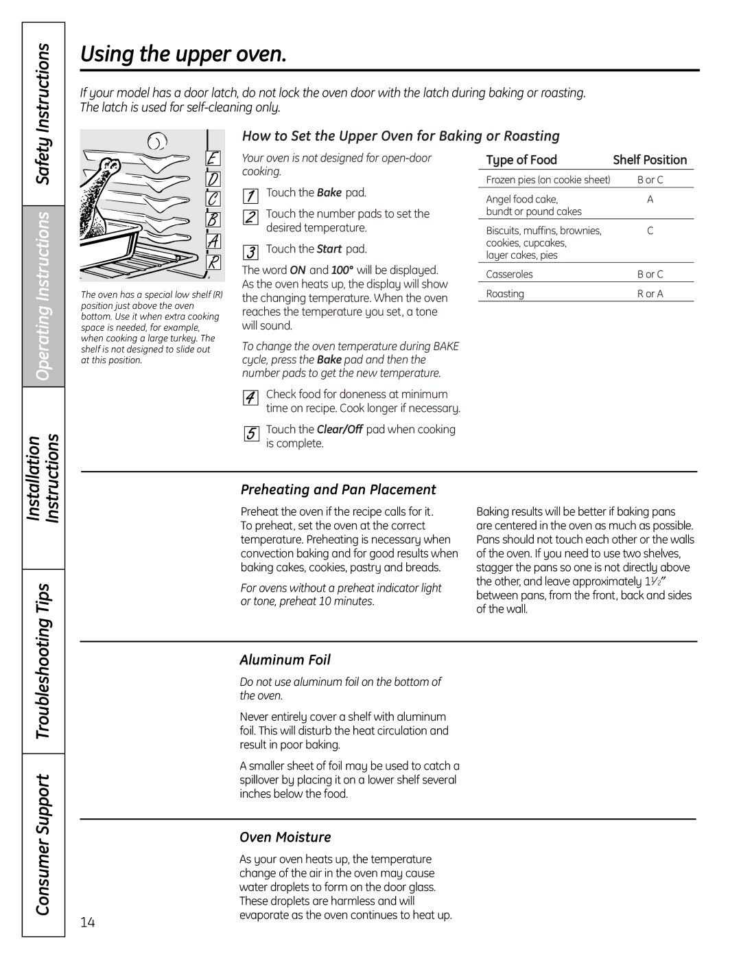 GE JGBP89, PGB975 Safety Instructions, How to Set the Upper Oven for Baking or Roasting, Preheating and Pan Placement 