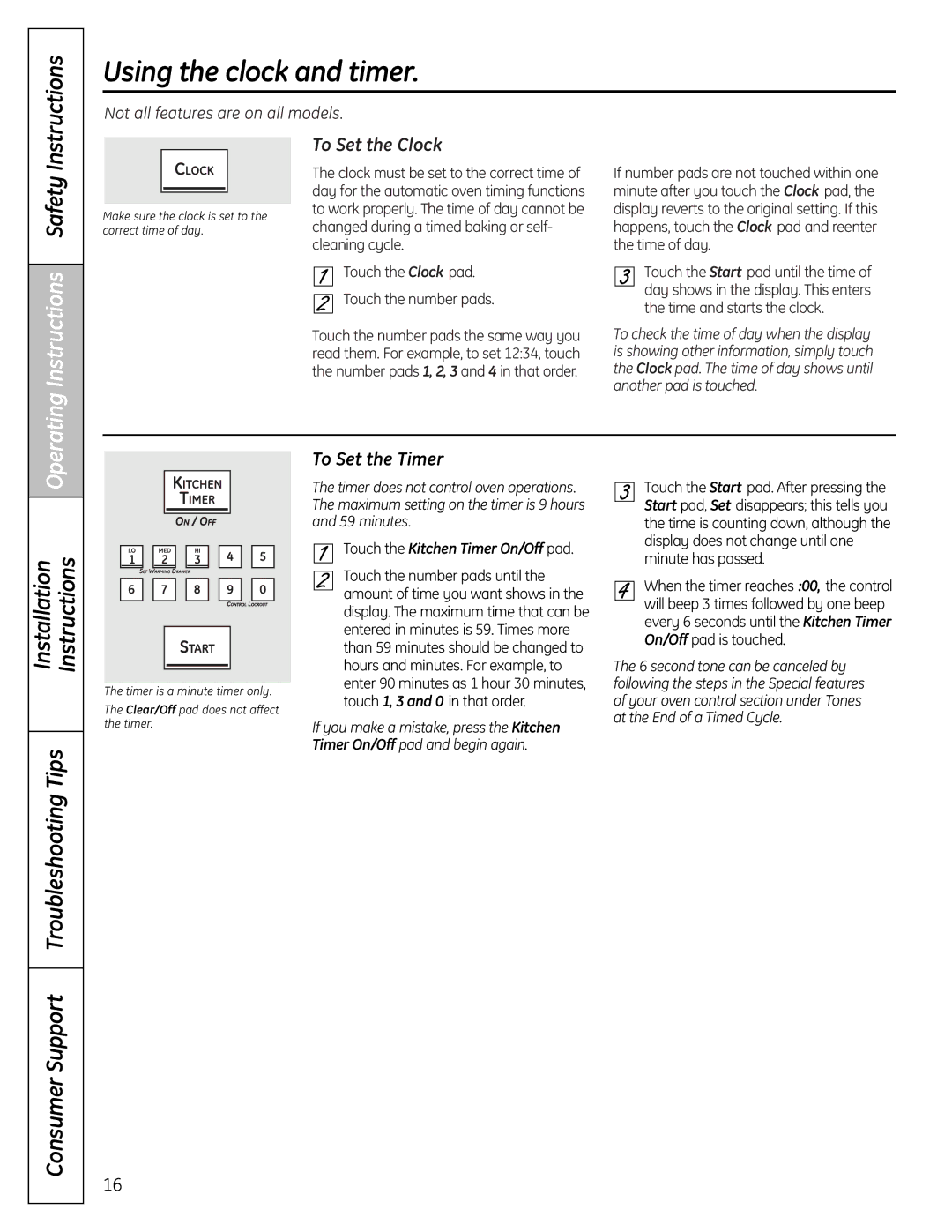 GE PGB975, PGB918, PGB910 Using the clock and timer, To Set the Clock, To Set the Timer, Touch the Kitchen Timer On/Off pad 
