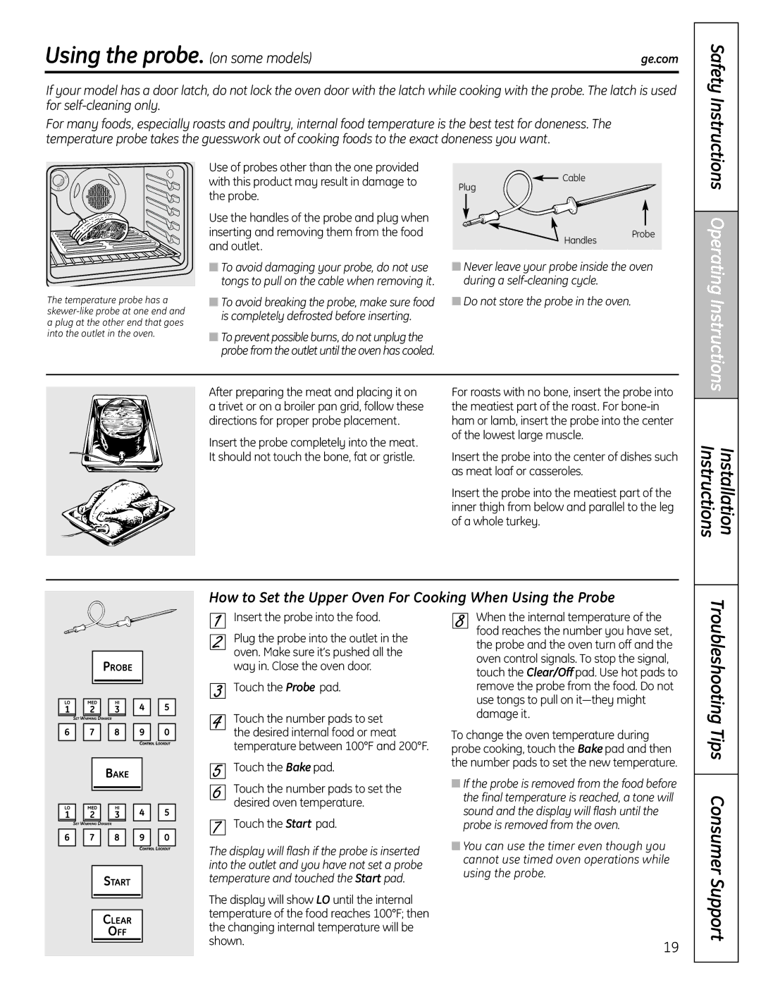 GE PGB908 Using the probe. on some models, How to Set the Upper Oven For Cooking When Using the Probe, Touch the Probe pad 