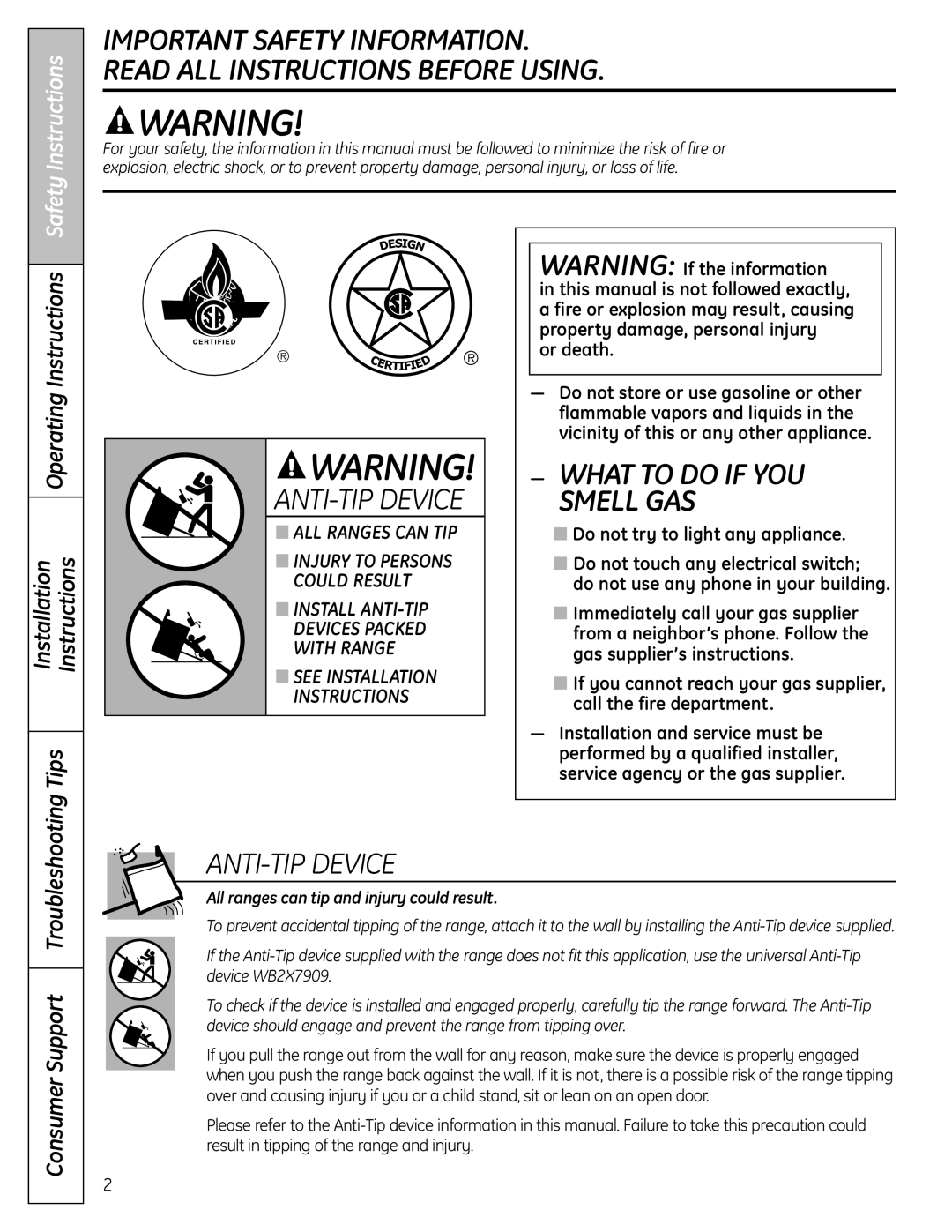 GE PGB910, PGB975, PGB918, PGB908 Operating Instructions Installation Tips, All ranges can tip and injury could result 