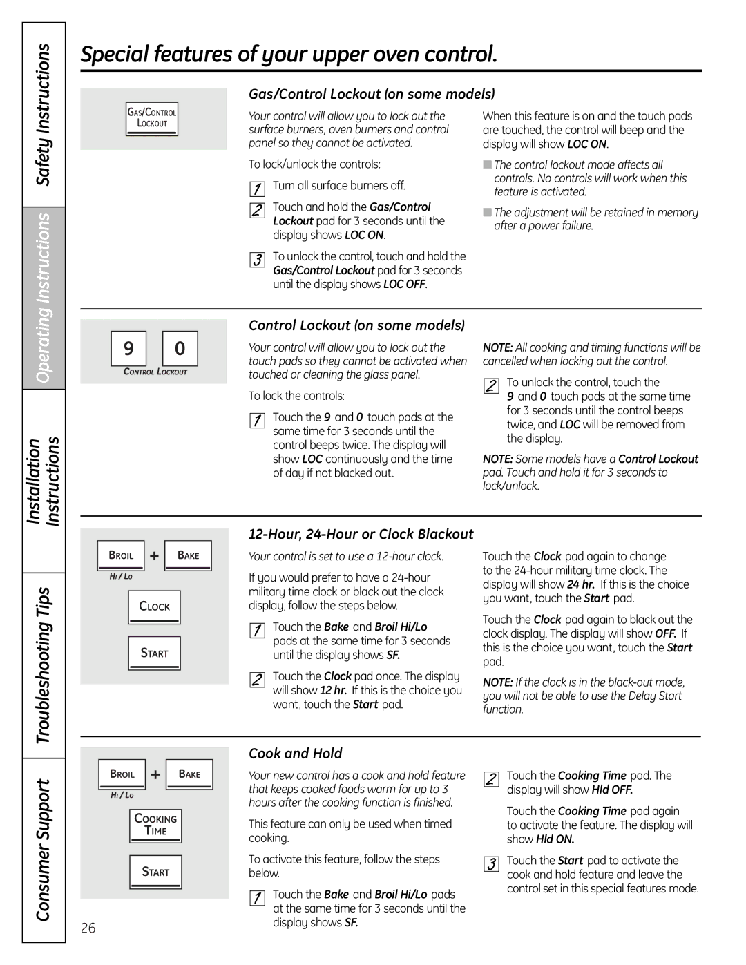 GE PGB910 Troubleshooting Tips, Consumer Support, Gas/Control Lockout on some models, Hour, 24-Hour or Clock Blackout 