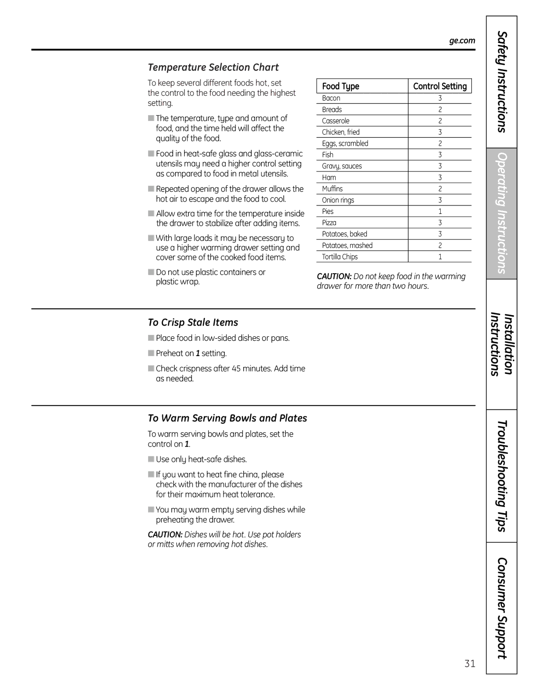 GE JGBP92, PGB975, PGB918, PGB910, PGB908 Temperature Selection Chart, To Crisp Stale Items, To Warm Serving Bowls and Plates 