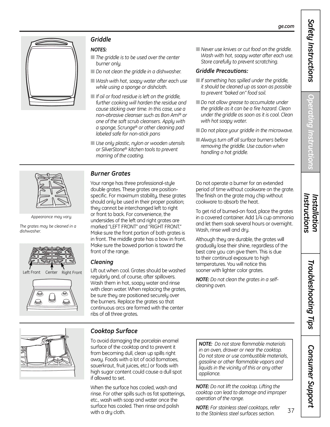 GE PGB900, PGB975, PGB918, PGB910, PGB908, PGB916, JGBP89 Burner Grates, Cooktop Surface, Griddle Precautions, Cleaning 