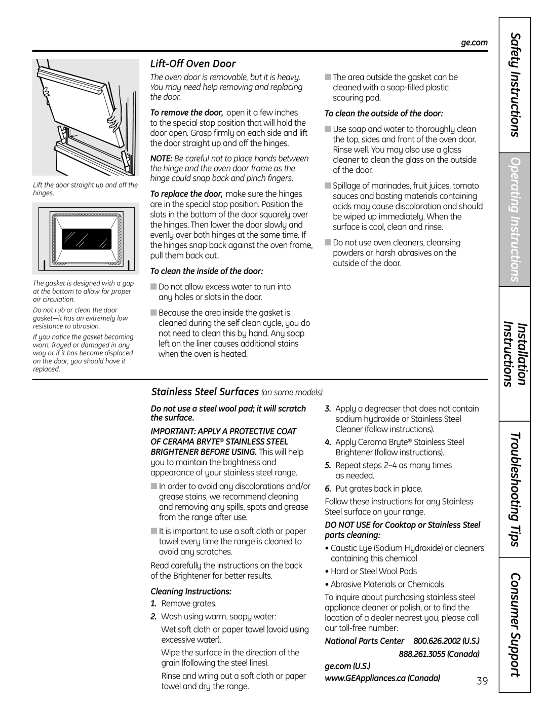 GE JGBP92, PGB975, PGB918, PGB910, PGB908, PGB916, PGB900, JGBP89 installation instructions Lift-Off Oven Door 