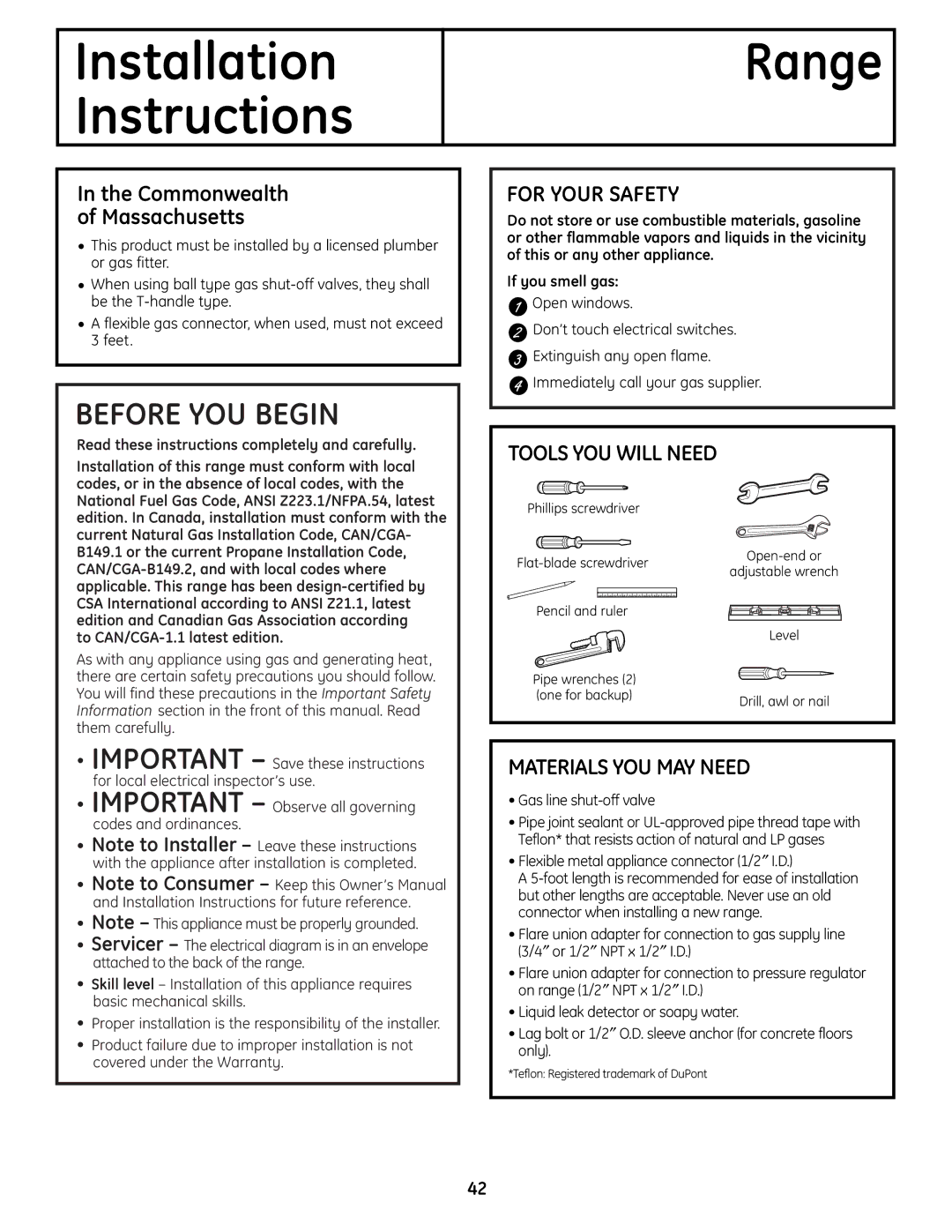 GE PGB910, PGB975, PGB918, PGB908 For Your Safety, Tools YOU will Need, Materials YOU MAY Need, Gas line shut-off valve 