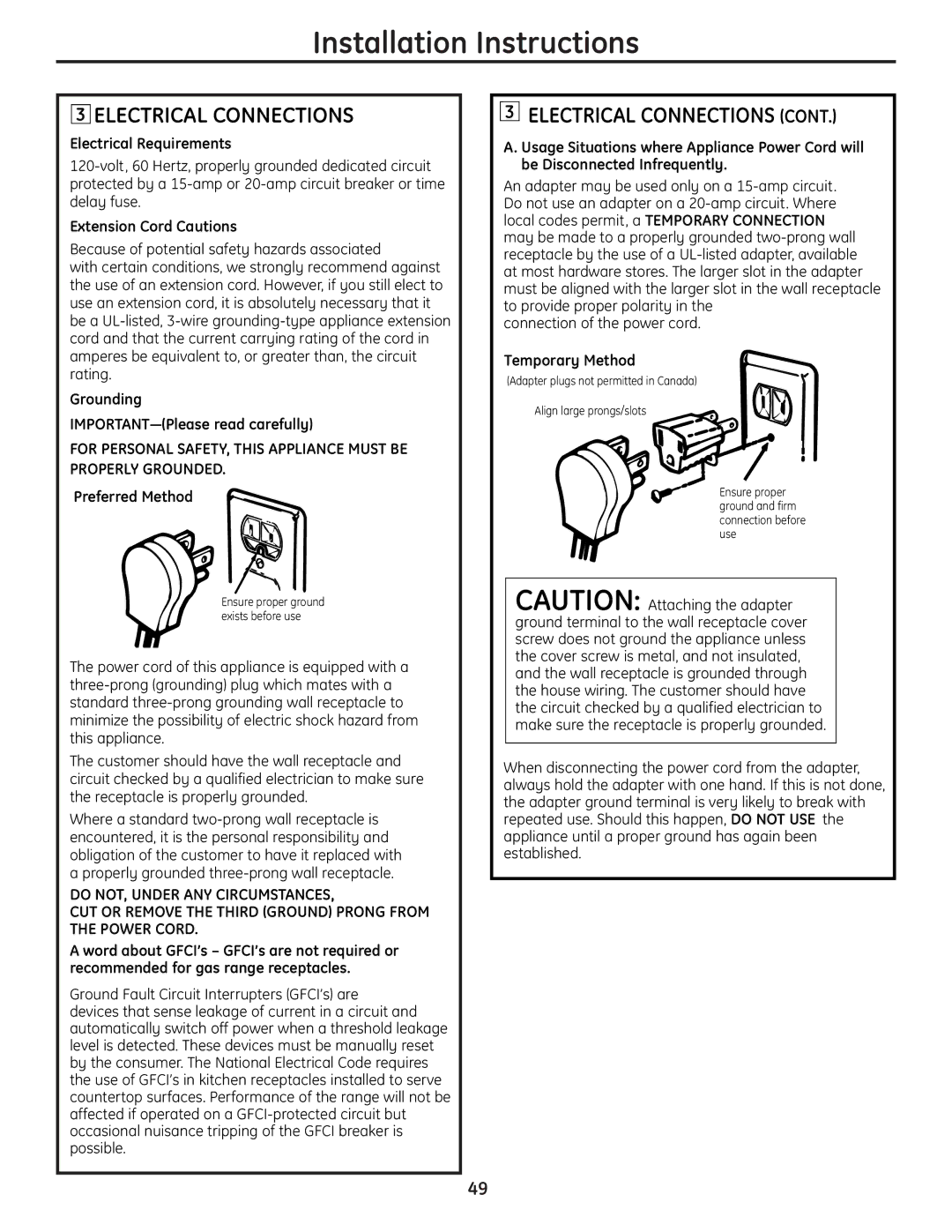 GE PGB918, PGB975, PGB910, PGB908, PGB916, PGB900, JGBP89, JGBP92 Electrical Connections, Electrical Requirements 