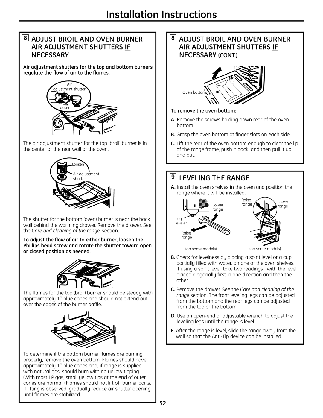 GE PGB916, PGB975, PGB918, PGB910, PGB908, PGB900, JGBP89, JGBP92 Leveling the Range, To remove the oven bottom 