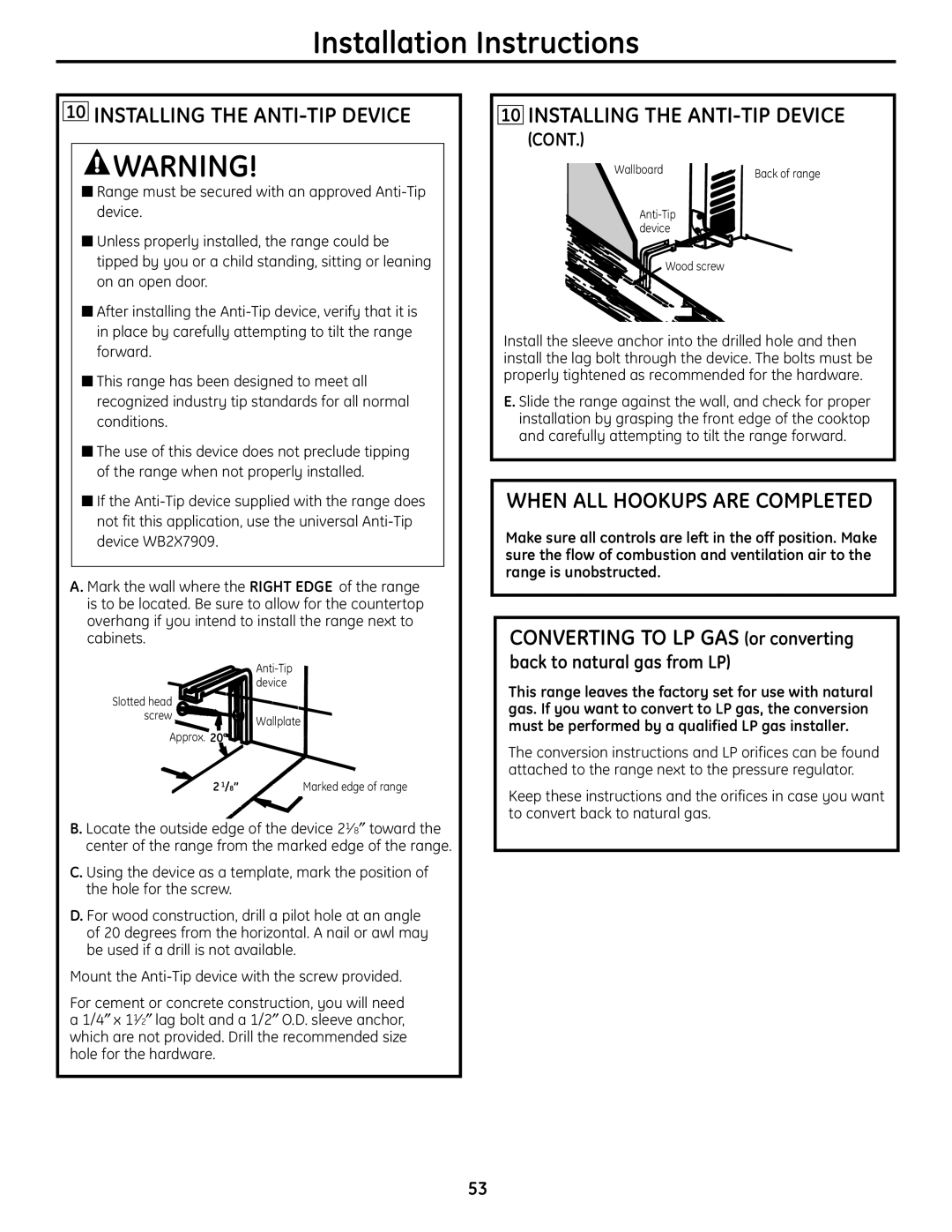 GE PGB900, PGB975, PGB918, PGB910, PGB908, PGB916, JGBP89, JGBP92 Installing the ANTI-TIP Device, When ALL Hookups are Completed 