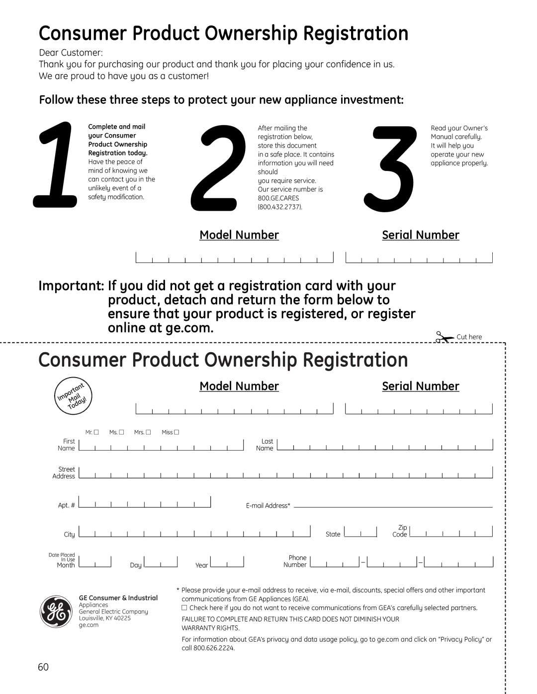 GE PGB916, PGB975, PGB918, PGB910, PGB908, PGB900, JGBP89, JGBP92 Consumer Product Ownership Registration 