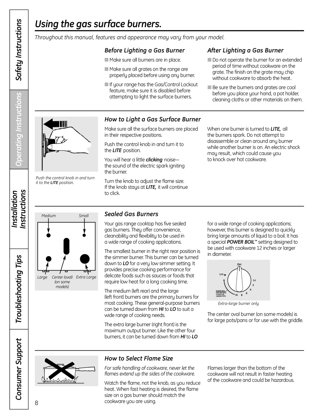 GE PGB975, PGB918, PGB910, PGB908, PGB916, PGB900, JGBP89 Using the gas surface burners, Support Troubleshooting Tips, Consumer 