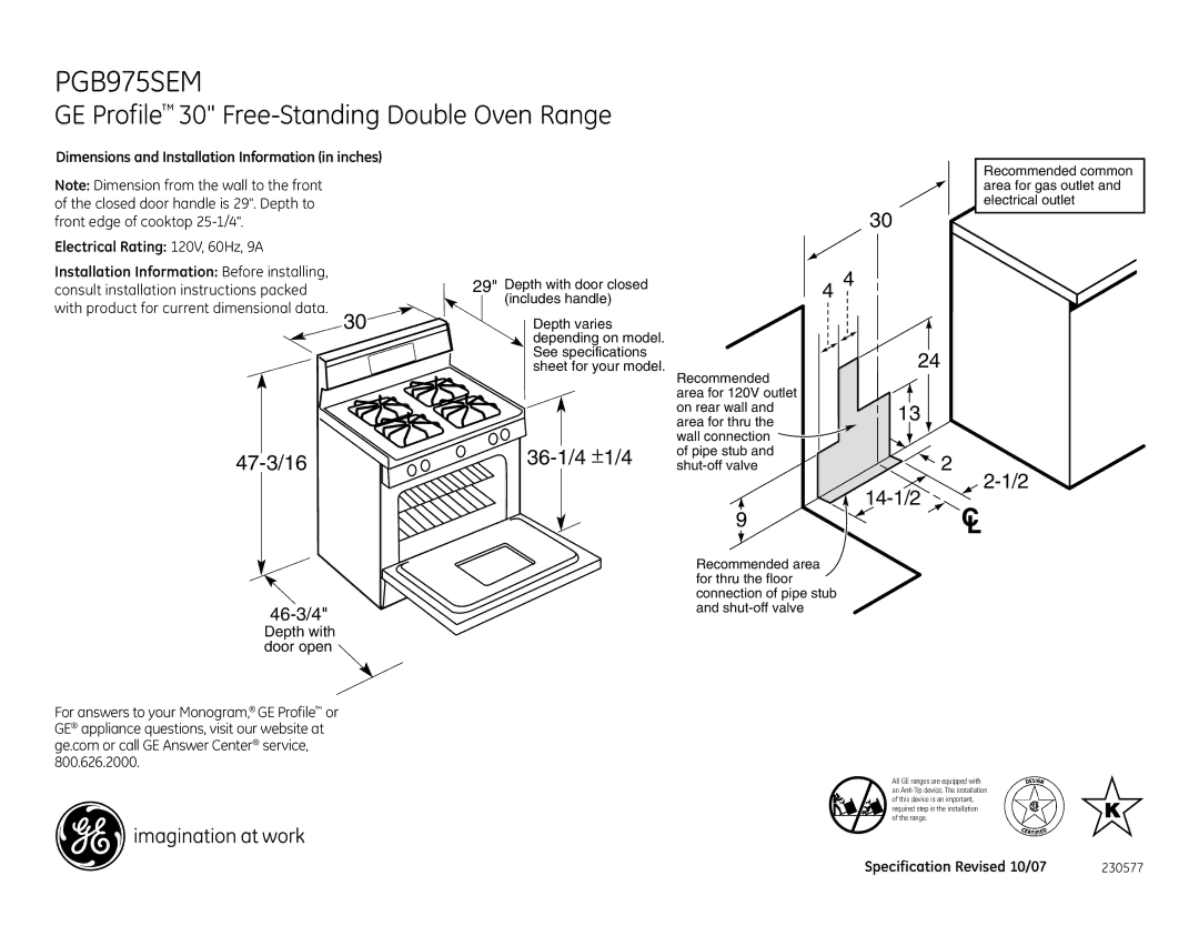 GE PGB975SEMSS dimensions GE Profile 30 Free-Standing Double Oven Range, 47-3/16, 36-1/4 ±1/4, 14-1/2 