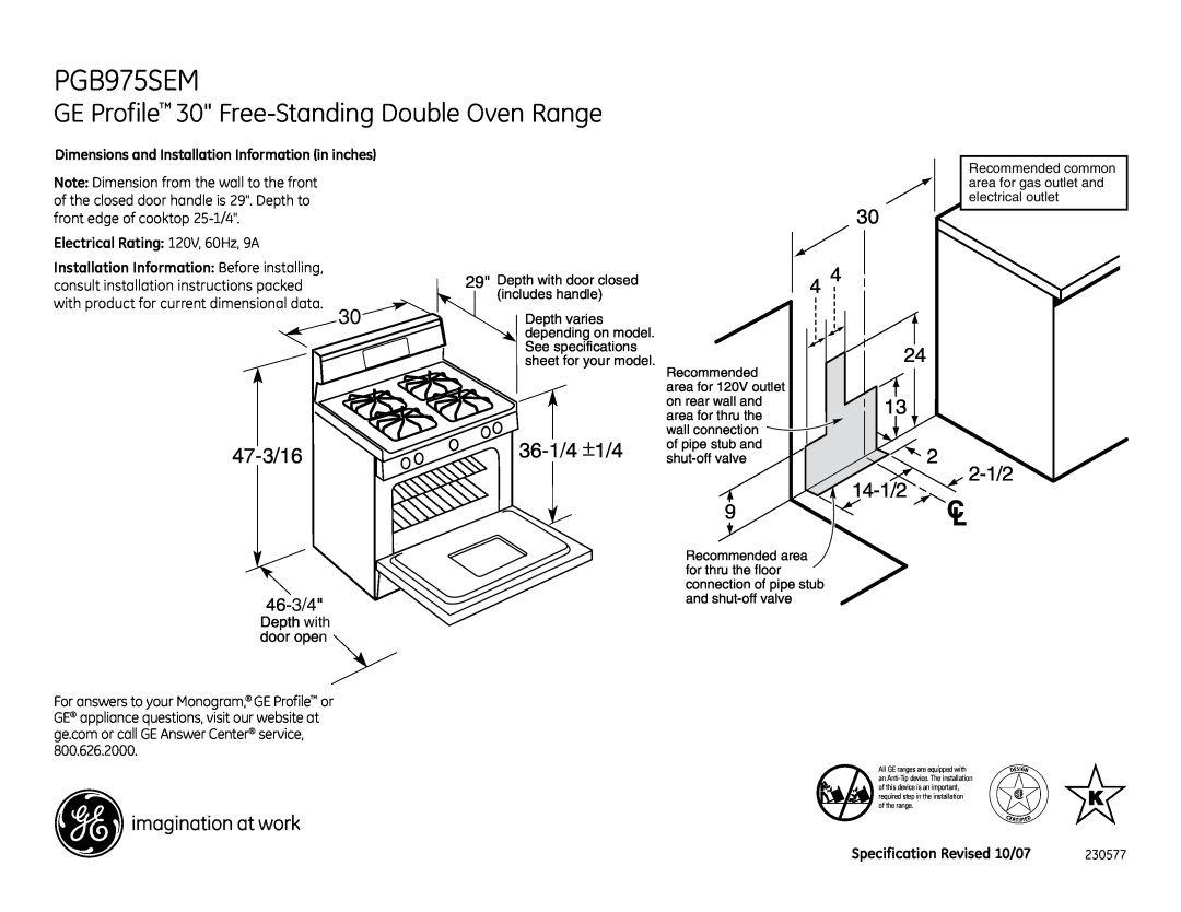 GE PGB975SEMSS dimensions GE Profile 30 Free-Standing Double Oven Range, 47-3/16, 36-1/4 ±1/4, 2-1/2 14-1/2, 46-3/4 
