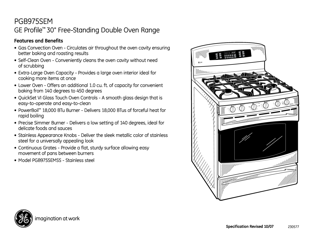 GE PGB975SEMSS dimensions GE Profile 30 Free-Standing Double Oven Range, Features and Benefits 