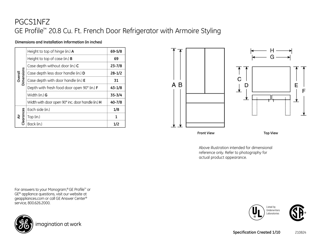 GE PGCS1NFZSS dimensions 40-7/8, Each side Top Back, Specification Created 1/10 