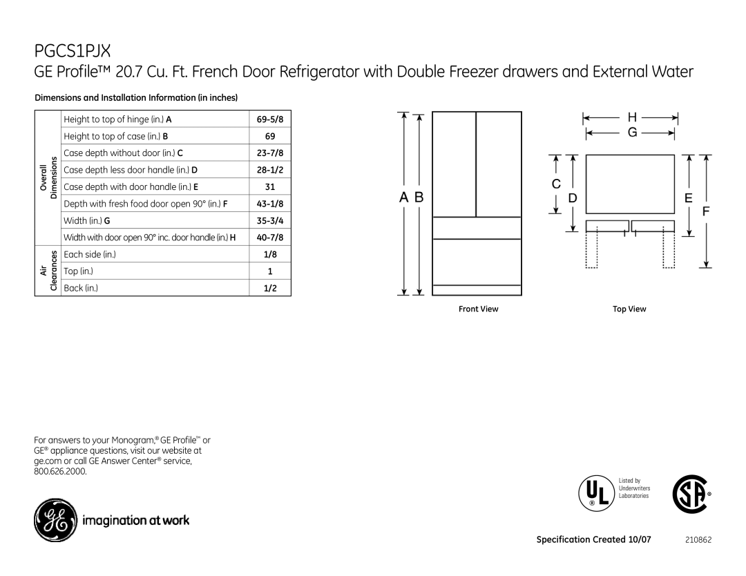 GE PGCS1PJX dimensions 