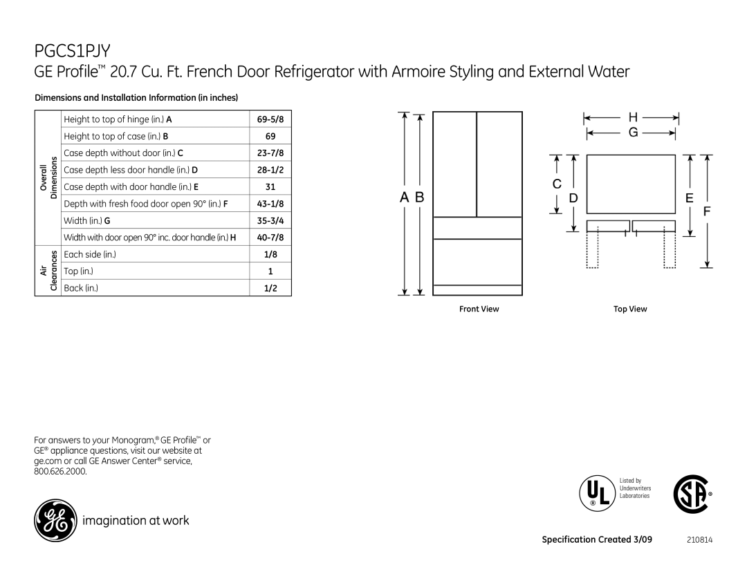 GE PGCS1PJY dimensions 