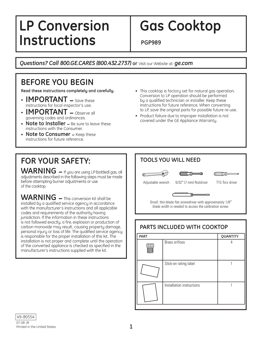 GE PGP989 warranty Before YOU Begin, For Your Safety, Important Save these, Important Observe all 