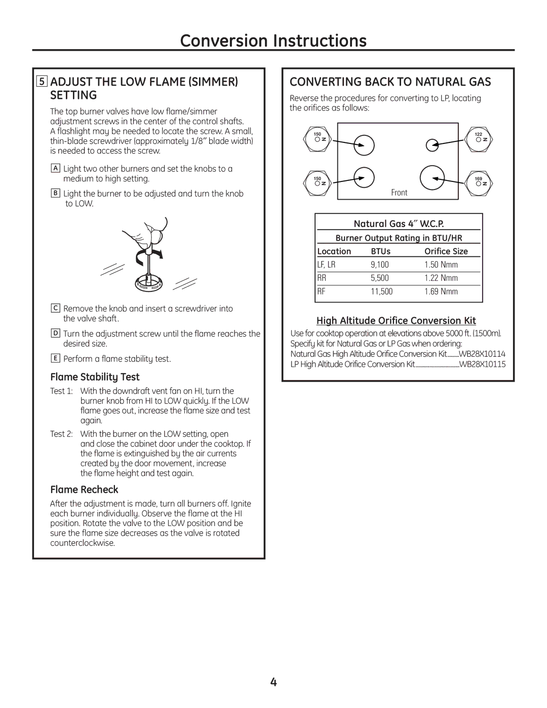 GE PGP989 warranty Adjust the LOW Flame Simmer Setting, Converting Back to Natural GAS, Flame Stability Test, Flame Recheck 