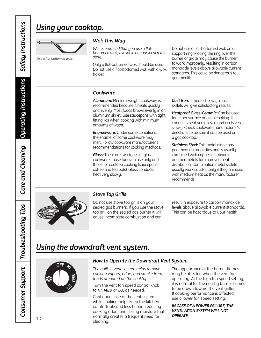 GE PGP989 manual Using your cooktop, Using the downdraft vent system, Instructions, Troubleshooting Tips 