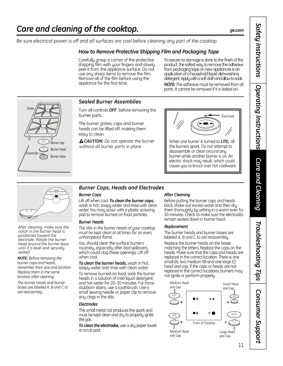 GE PGP989 manual Care and cleaning of the cooktop, How to Remove Protective Shipping Film and Packaging Tape 