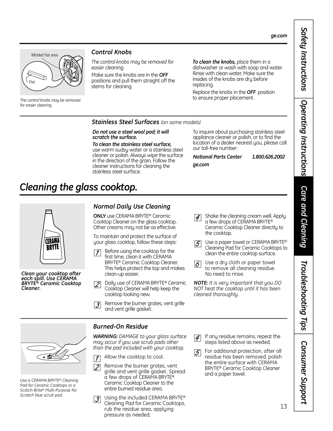 GE PGP989 Cleaning the glass cooktop, Control Knobs, Stainless Steel Surfaces on some models, Normal Daily Use Cleaning 