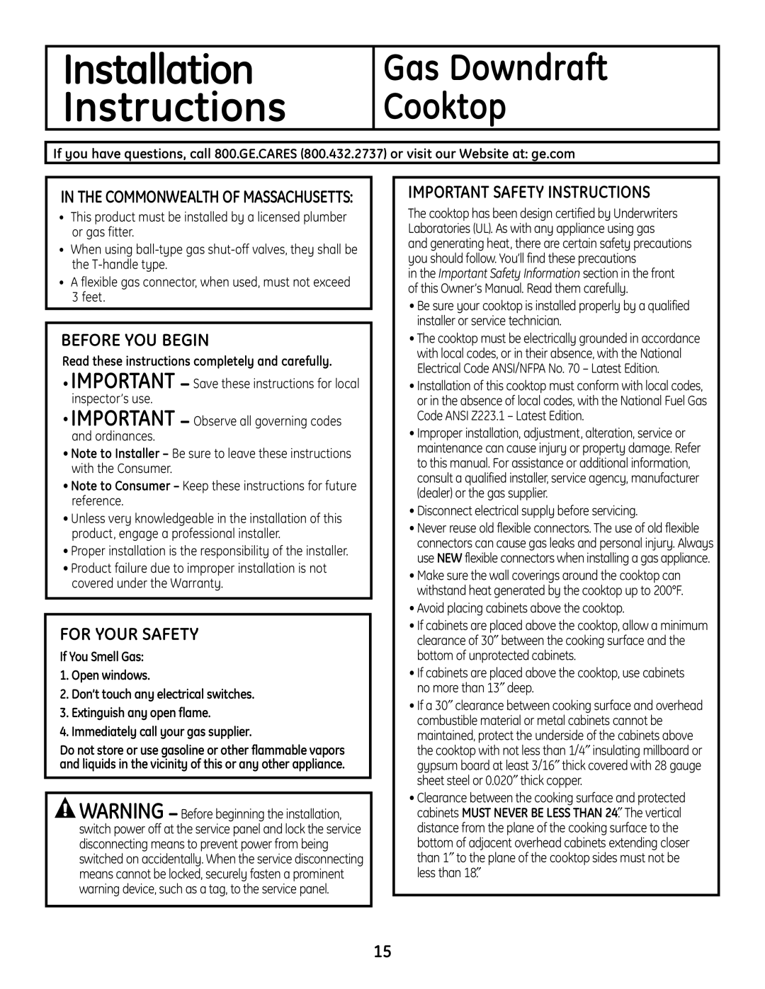 GE PGP989 manual Before YOU Begin, For Your Safety, Important Safety Instructions, Commonwealth of Massachusetts 