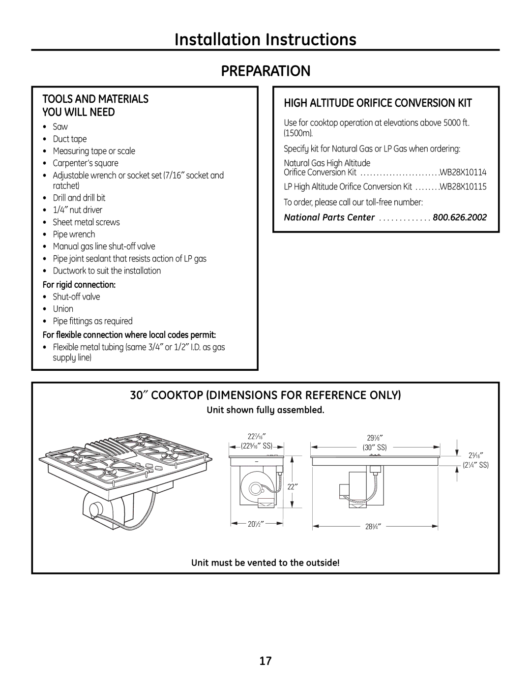 GE PGP989 manual Preparation, Tools and Materials YOU will Need, 30″ Cooktop Dimensions for Reference only 