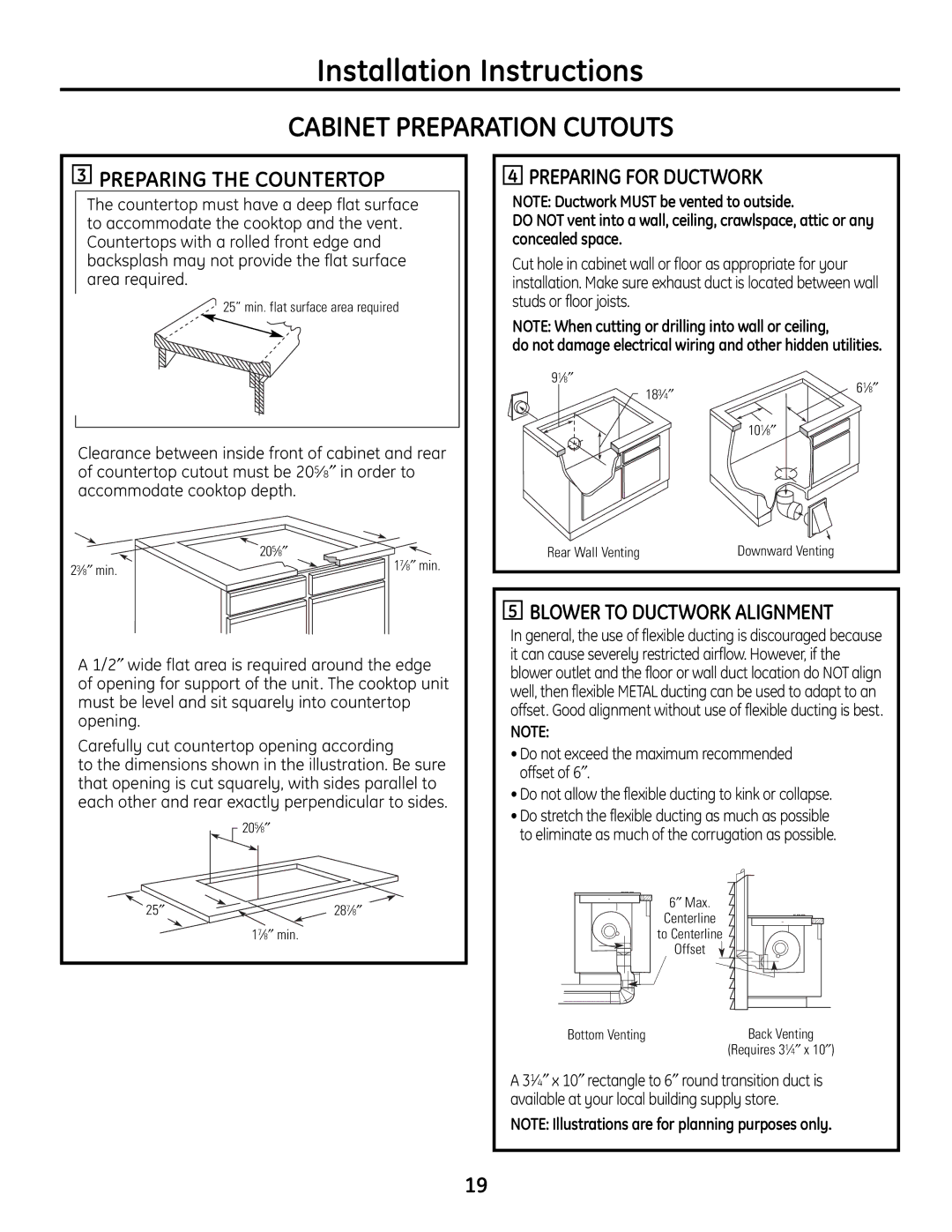 GE PGP989 Cabinet Preparation Cutouts, Preparing the Countertop, Preparing for Ductwork, Blower to Ductwork Alignment 