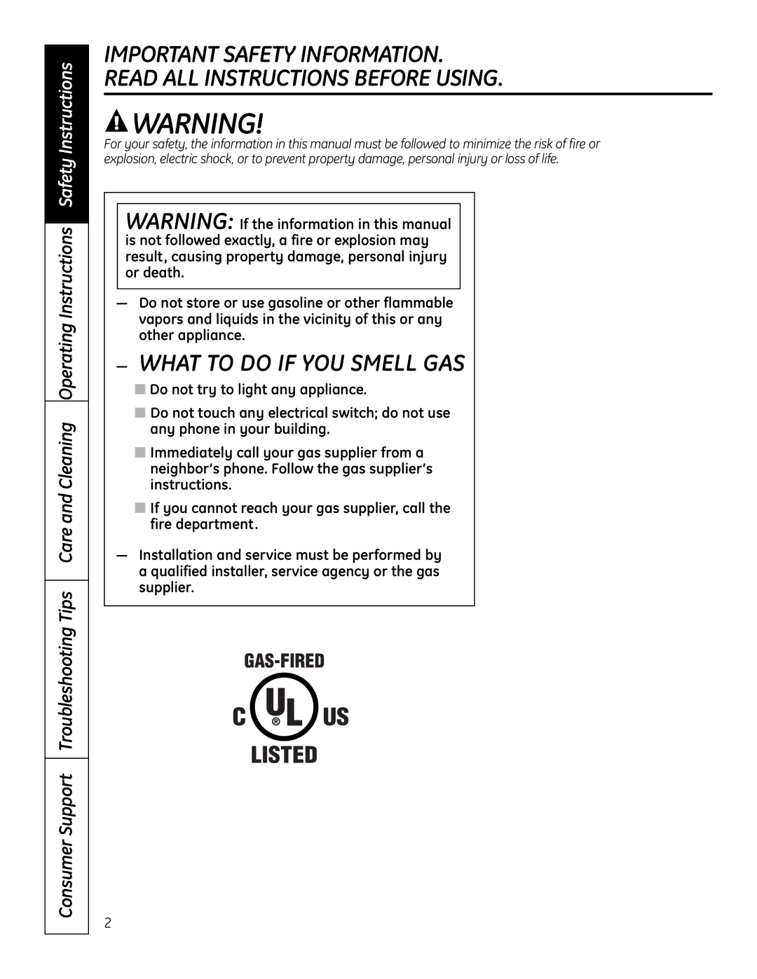 GE PGP989 manual What to do if YOU Smell GAS 