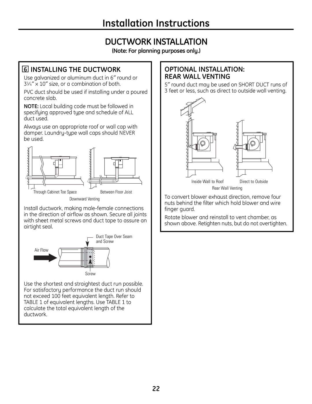 GE PGP989 manual Ductwork Installation, Installing the Ductwork, Optional Installation Rear Wall Venting 