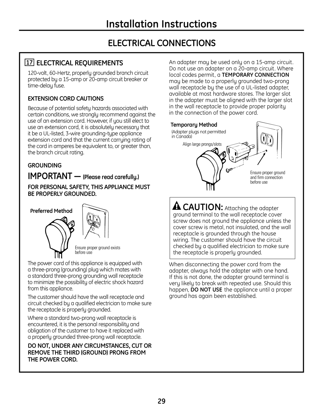 GE PGP989 manual Electrical Connections, Electrical Requirements, Preferred Method, Temporary Method 