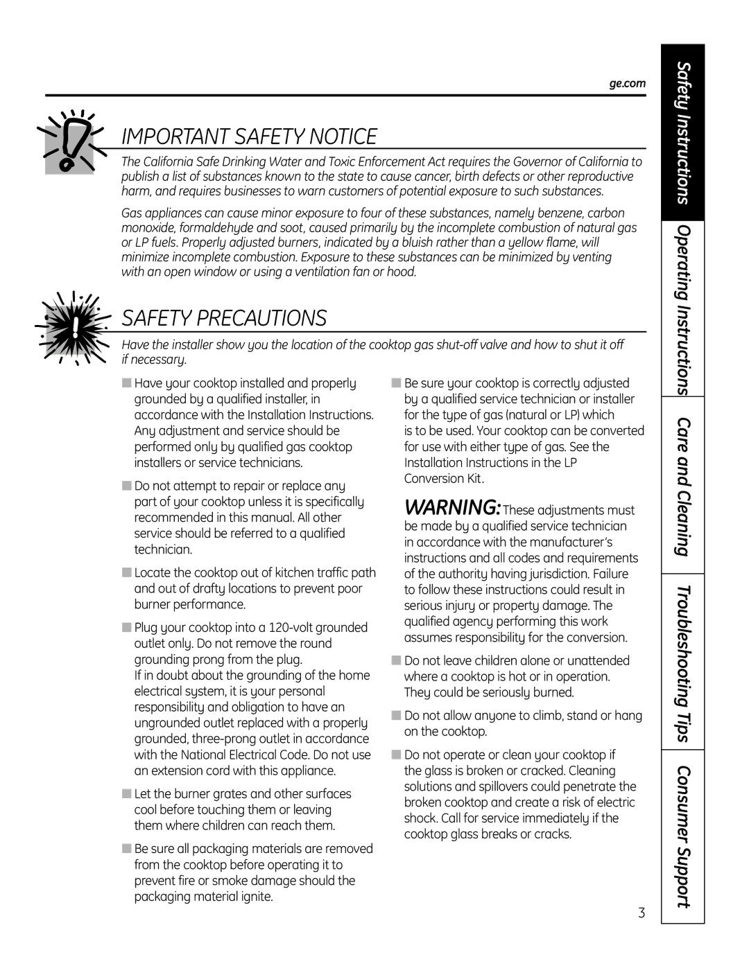 GE PGP989 manual Do not allow anyone to climb, stand or hang on the cooktop, Ge.com 