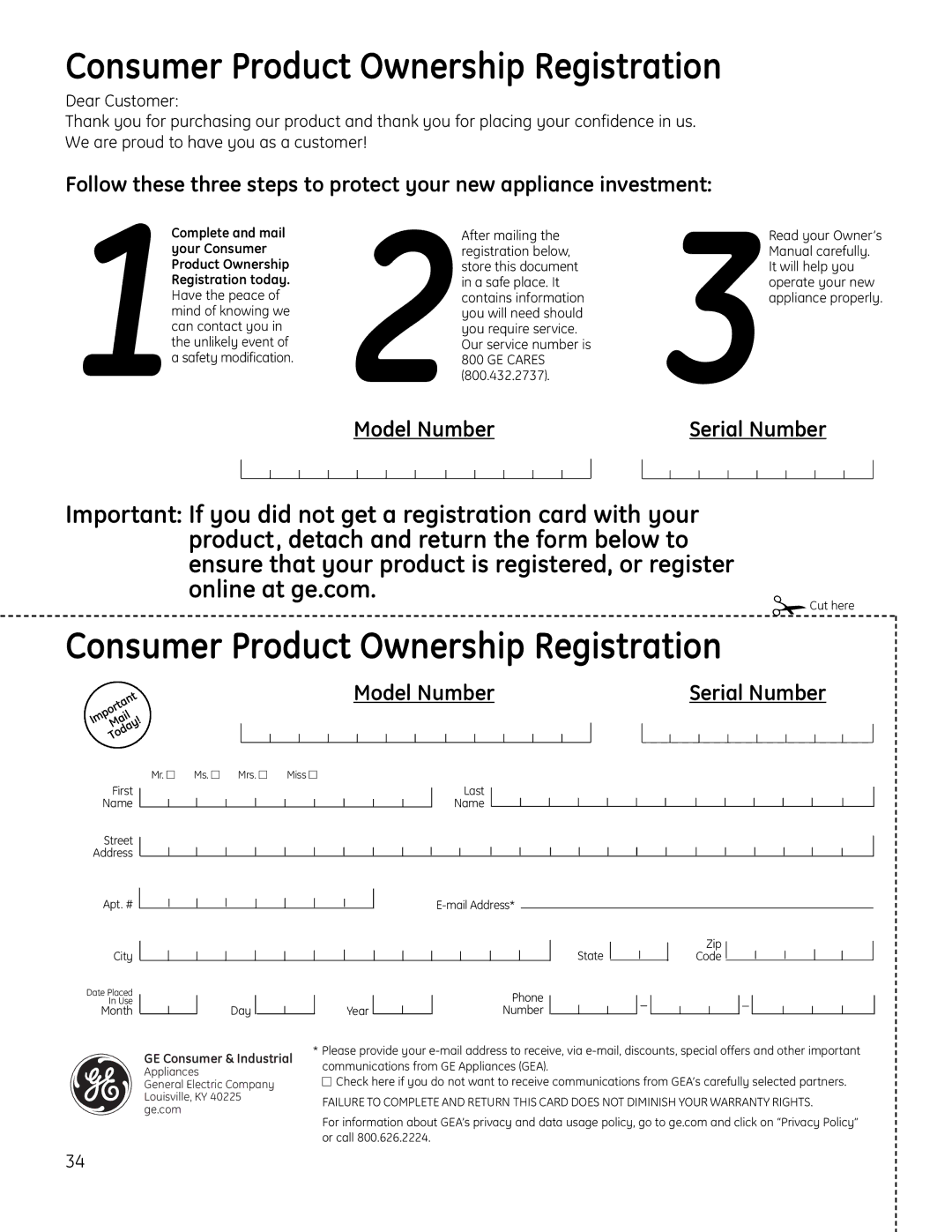 GE PGP989 manual Consumer Product Ownership Registration 