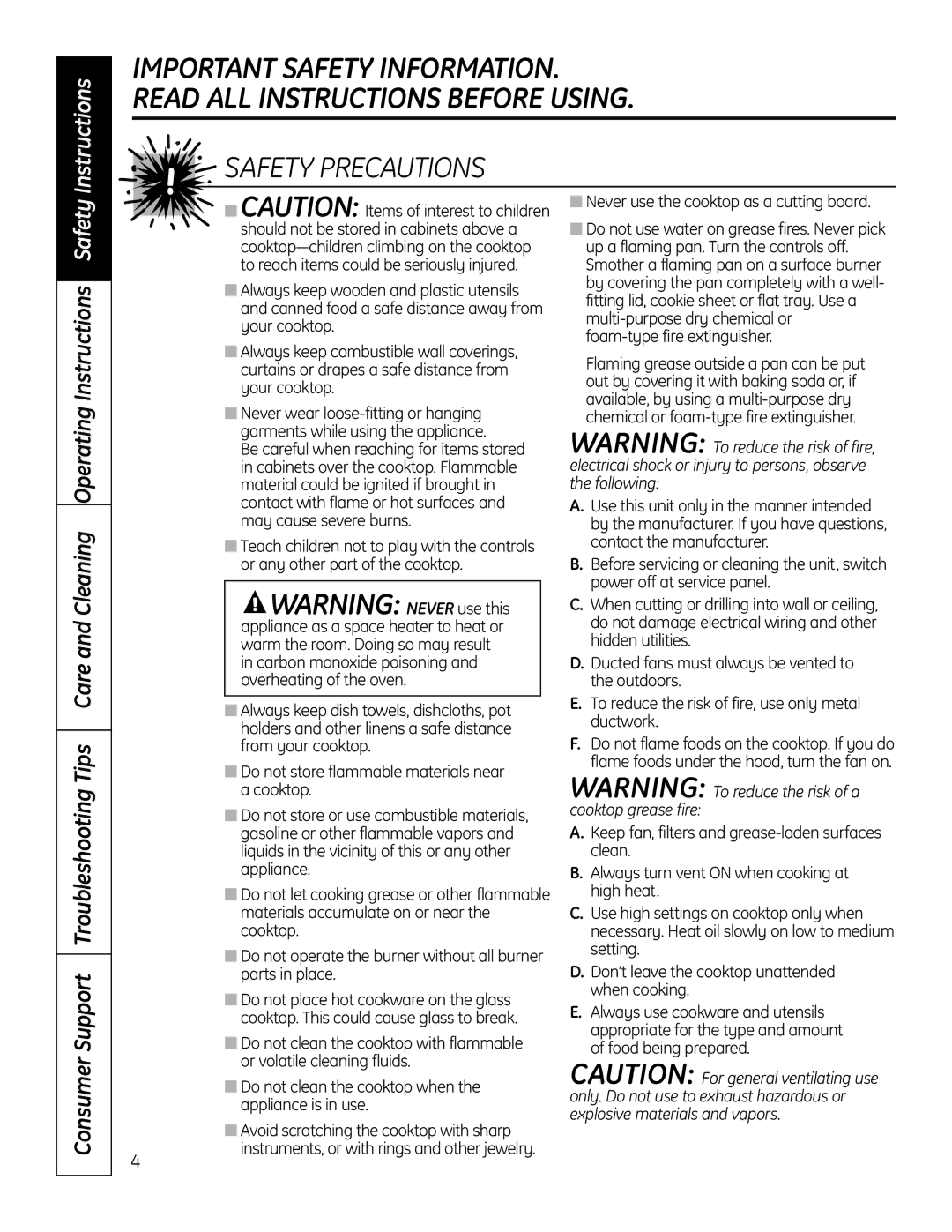 GE PGP989 manual Safety Precautions 