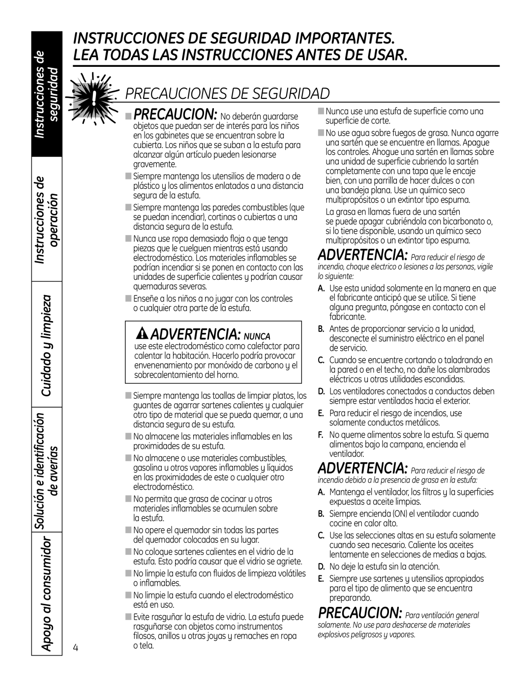 GE PGP989 manual Instrucciones de Operación Limpieza, Cuidado y, Solución e identificación de averías, Tela 