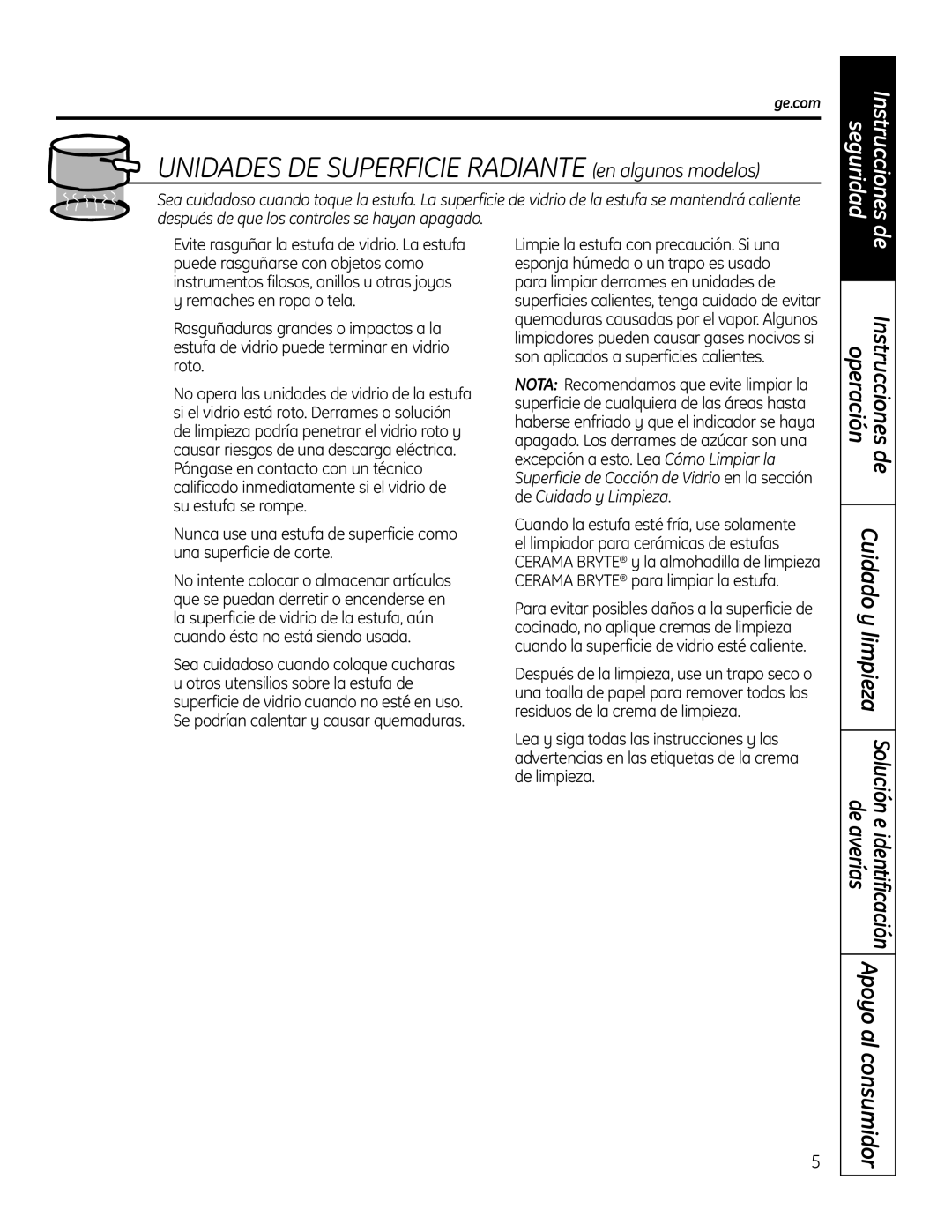 GE PGP989 manual Unidades DE Superficie Radiante en algunos modelos 