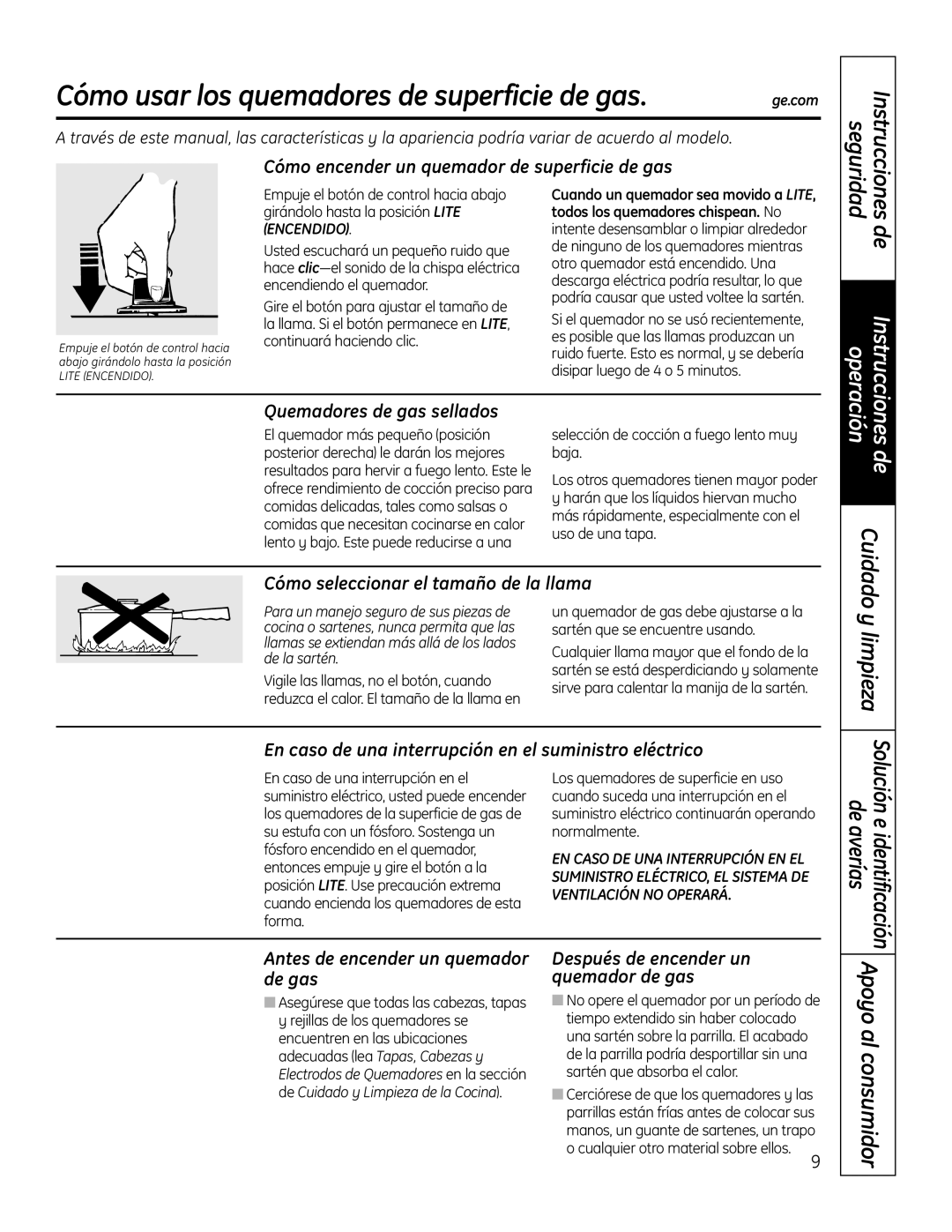 GE PGP989 manual Cómo usar los quemadores de superficie de gas, Seguridad Instrucciones 