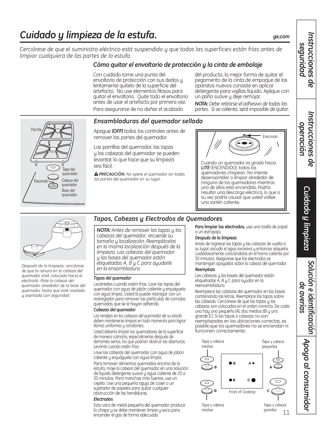 GE PGP989 manual Cuidado y limpieza de la estufa, Apoyo, Ensambladuras del quemador sellado 