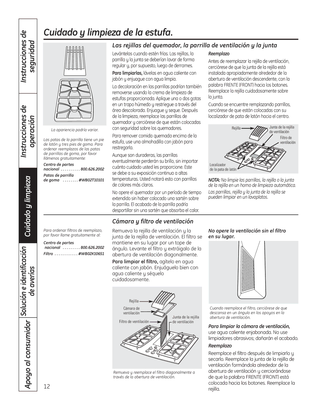 GE PGP989 manual Instrucciones Seguridad Instrucciones de Operación, Cámara y filtro de ventilación, Reemplazo 