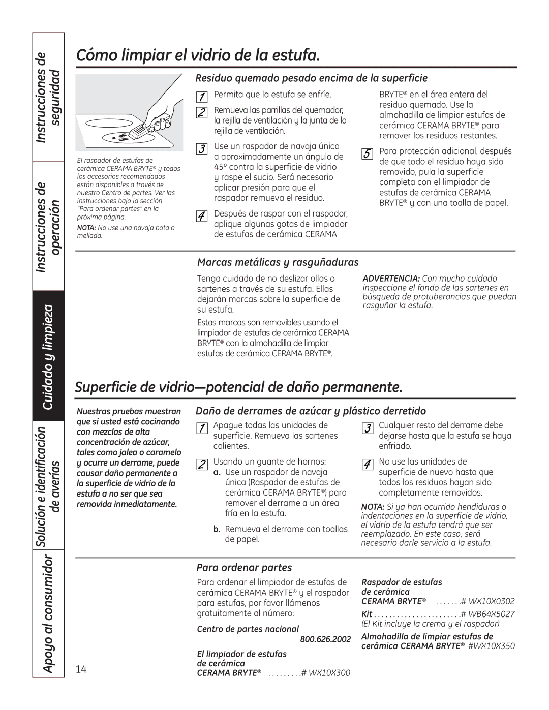 GE PGP989 manual Para ordenar partes, Centro de partes nacional, El limpiador de estufas, De cerámica 